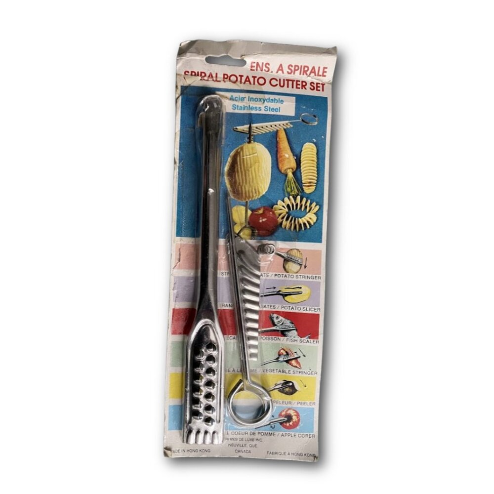 Vintage stainless steel spiral potato cutter set retro packaging from the 70s